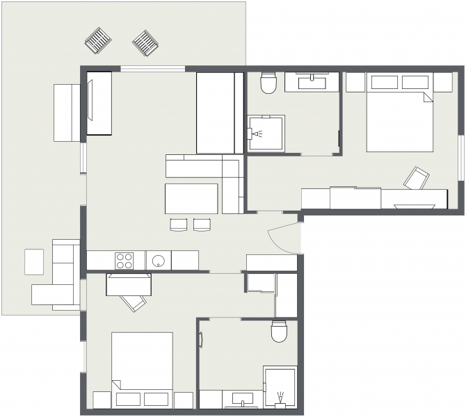 Schwarz-weißer Grundriss der Ferienwohnung Samnaun mit Schlafzimmern, Bädern und Wohnbereichen.