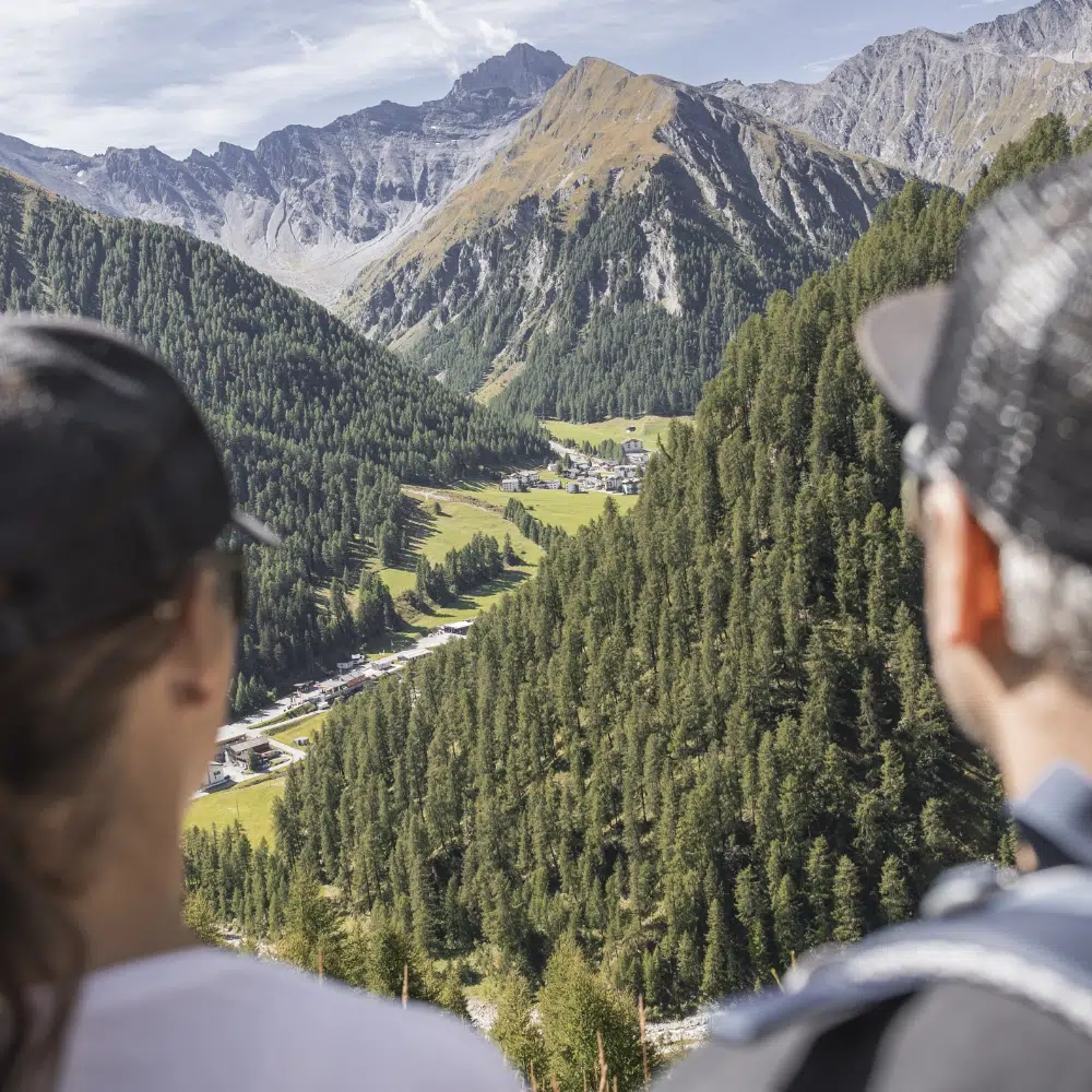 Zwei Personen bewundern ein malerisches Bergtal, das mit dichten grünen Kiefern bewachsen ist.