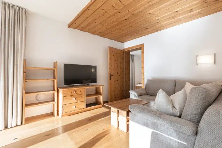 Helles Wohnzimmer der Ferienwohnung Samnaun mit Holzakzenten, grauem Sofa, TV und sonnigen Vorhängen.