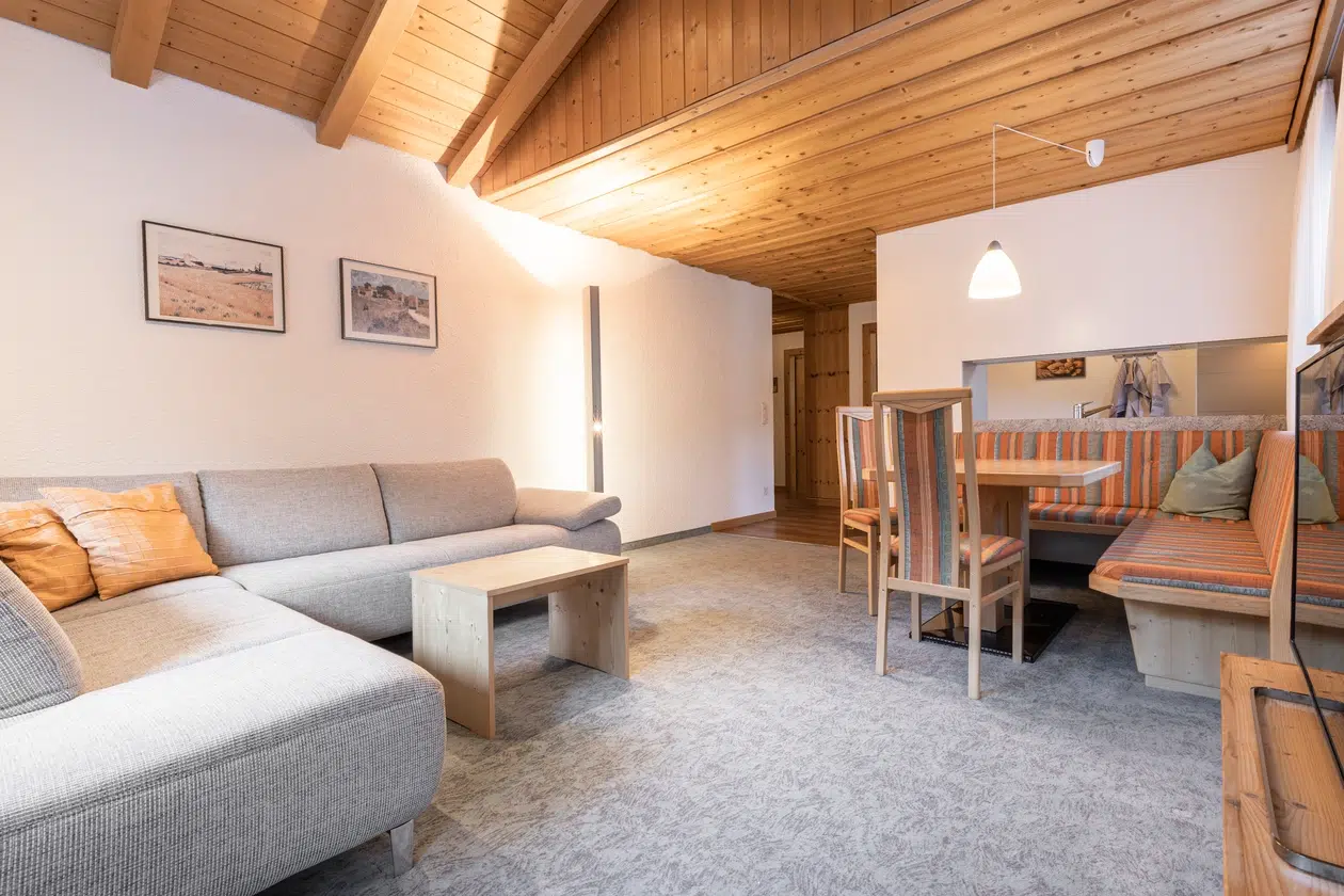 Gemütliches Wohnzimmer im Apartment Samnaun mit grauem Sofa, Holzdecke und orange gestreiften Kissen.