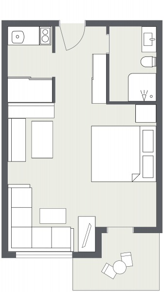 Einfaches Apartment Samnaun Studio Grundriss mit Bett, Sofa, Küche, Bad und Essbereich.