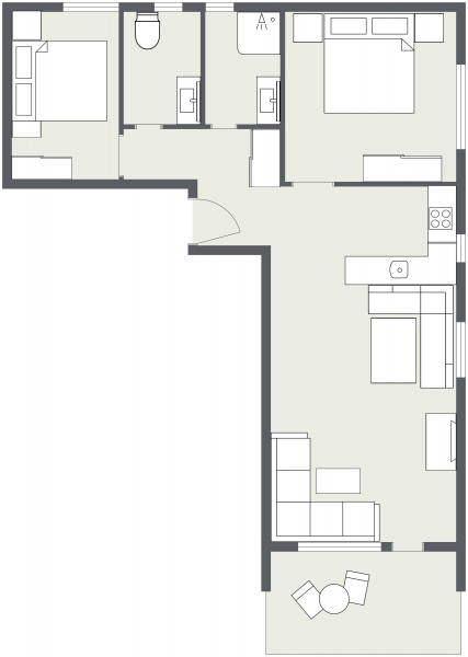 L-förmiges Apartment Samnaun Grundriss mit zwei Schlafzimmern, einem Badezimmer, Küche und Wohnbereich.