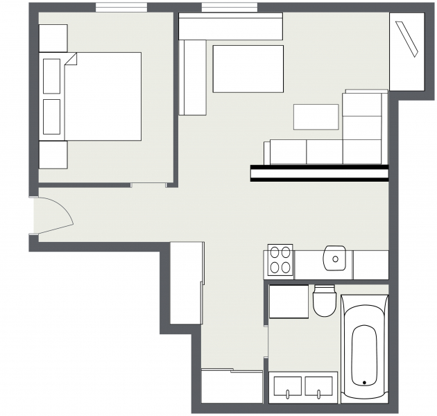 Einfacher Grundriss des Apartments Samnaun: ein Schlafzimmer, Küche, Bad und Wohnbereich.