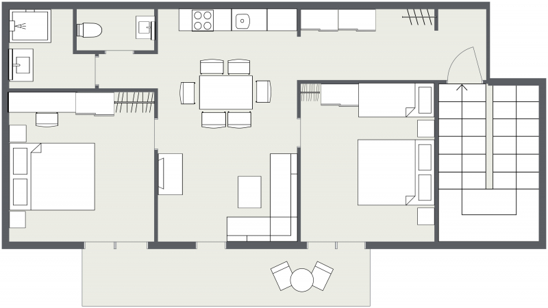 Einfacher Grundriss für das Apartment Samnaun mit zwei Schlafzimmern, Küche und Wohnbereich.