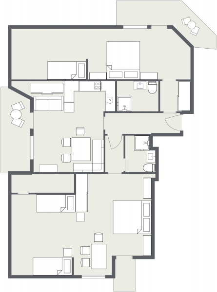 Schwarz-weißer Grundriss des Apartments Samnaun: drei Schlafzimmer, zwei Bäder und Gemeinschaftsräume.