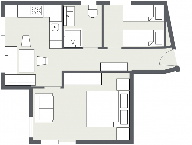 Grundriss der Ferienwohnung Samnaun: drei Schlafzimmer, Küche, Bad und Wohnbereich.