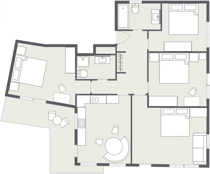 Grundriss der Ferienwohnung Samnaun mit drei Schlafzimmern, zwei Bädern, Küche und Wohnbereich.