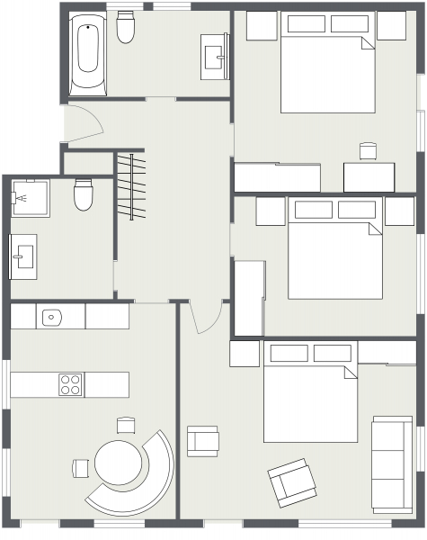 Geräumige Ferienwohnung Samnaun mit zwei Schlafzimmern, Küche, Wohnzimmer und zwei Bädern.