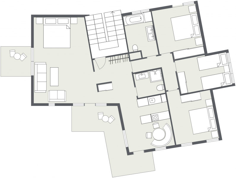 Einfacher Grundriss der Ferienwohnung Samnaun: drei Schlafzimmer, zwei Bäder, Küche, Wohnzimmer.